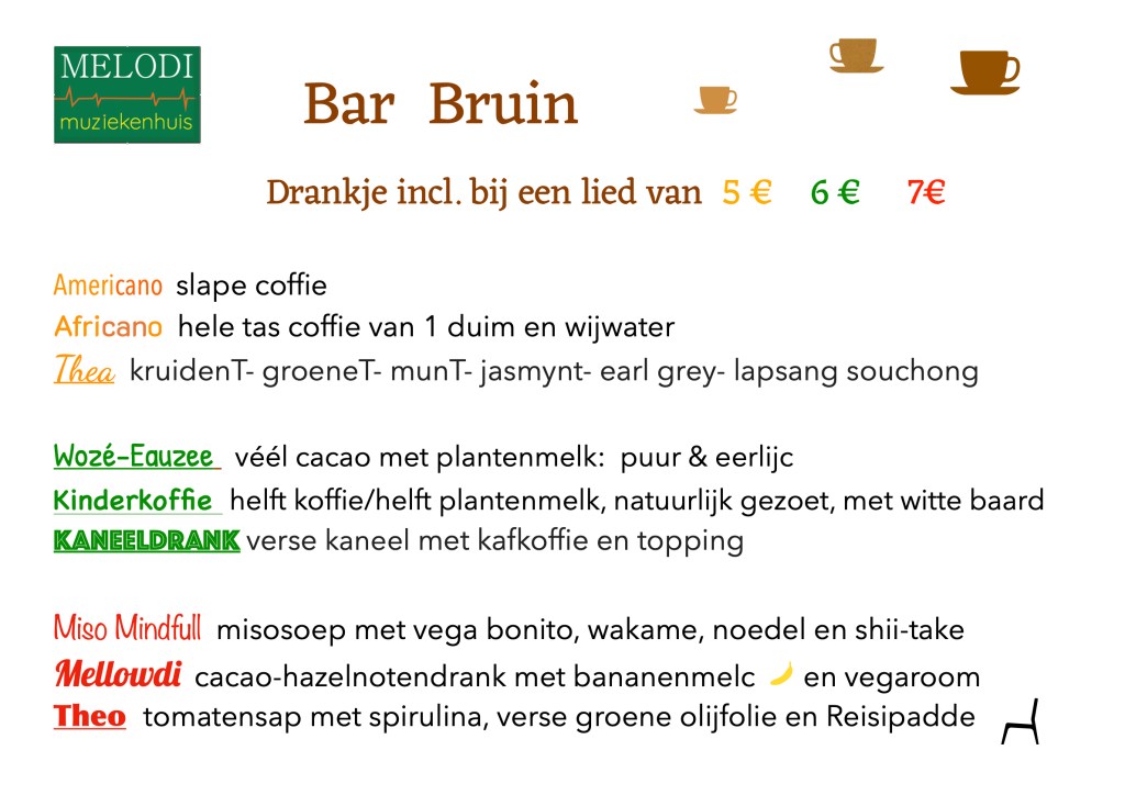 Menu van de Bar Bruin in het Melodi Muziekenhuis met drankenprijzen en beschrijvingen.